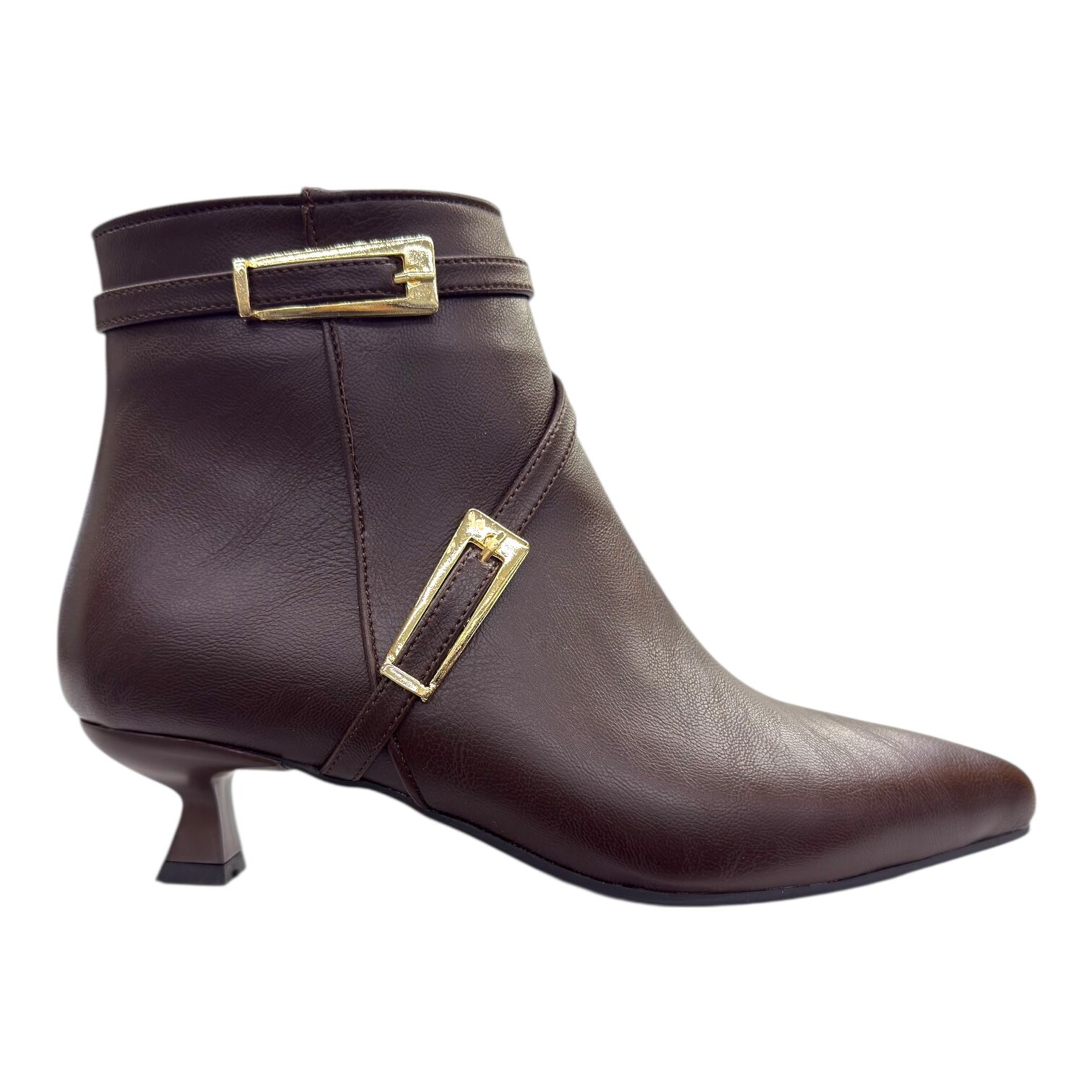 Zarif Tokalı Kahverengi Deri İnce Topuklu Kısa Bot