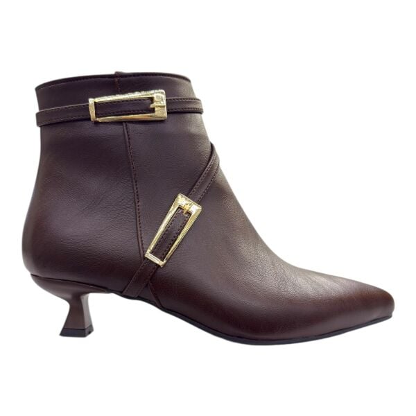 Zarif Tokalı Kahverengi Deri İnce Topuklu Kısa Bot