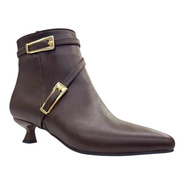 Zarif Tokalı Kahverengi Deri İnce Topuklu Kısa Bot