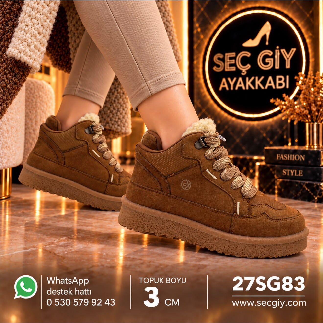 Taba İçi Sıcak Astarlı Kadın Bilekli Spor Ayakkabı – 3 cm Taban