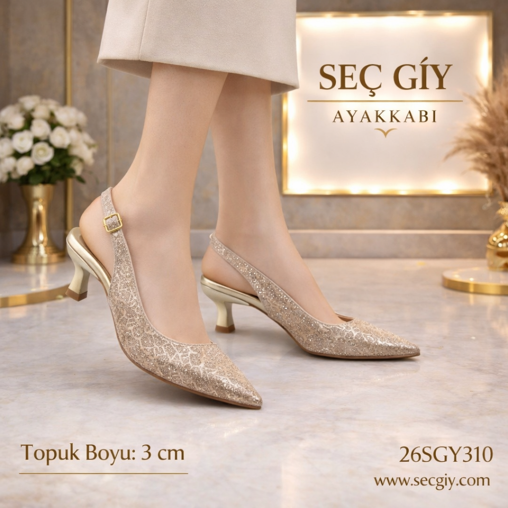 Altın Simli Sivri Burun 3 cm Topuklu Kadın Ayakkabı