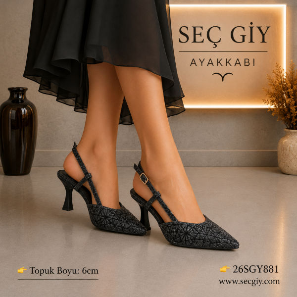 Kadın Siyah Simli Slingback Stiletto – 6 CM İnce Topuklu Sivri Burun Abiye Ayakkabı