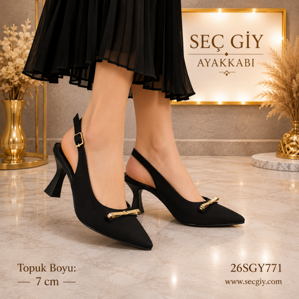 Siyah Gold Tokalı Slingback Topuklu Ayakkabı – Sivri Burun Kadın Stiletto