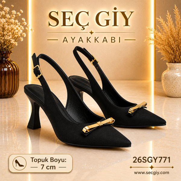 Siyah Gold Tokalı Slingback Topuklu Ayakkabı – Sivri Burun Kadın Stiletto