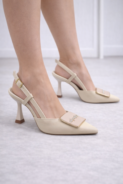 Bej Tokalı Taş Detaylı İnce Topuklu Kadın Ayakkabı - Zarif ve Şık