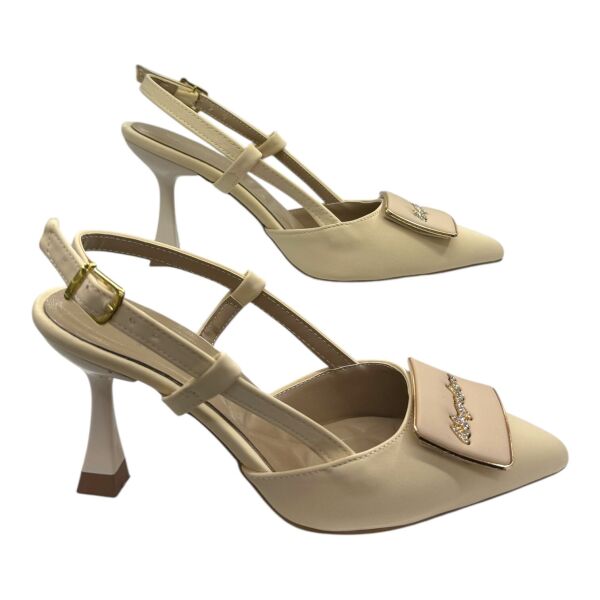 Bej Tokalı Taş Detaylı İnce Topuklu Kadın Ayakkabı - Zarif ve Şık