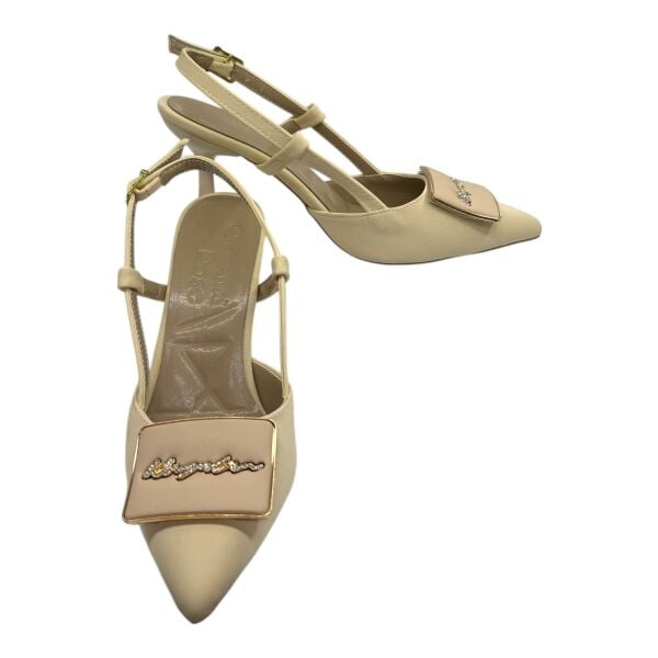 Bej Tokalı Taş Detaylı İnce Topuklu Kadın Ayakkabı - Zarif ve Şık