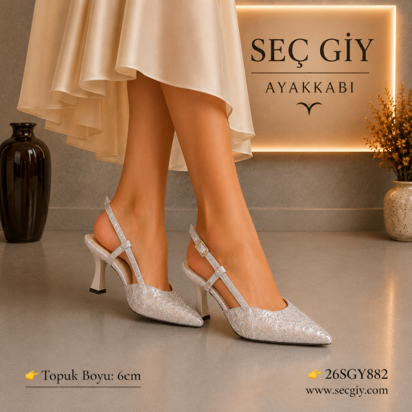 Kadın GOLD Simli Slingback Stiletto – 6 CM İnce Topuklu Sivri Burun Abiye Ayakkabı