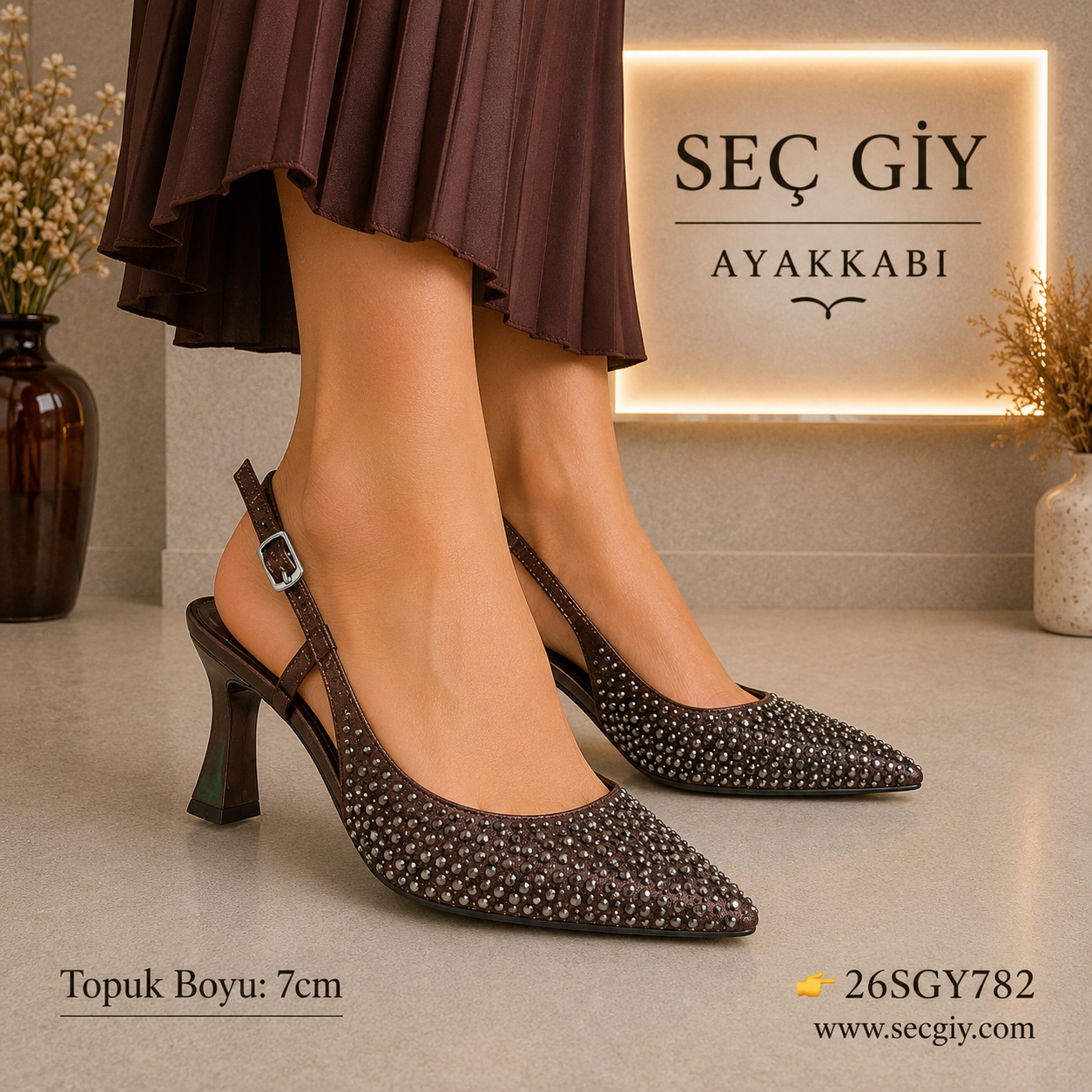 Taş İşlemeli Kahve Slingback Topuklu Ayakkabı – Sivri Burun Abiye Stiletto
