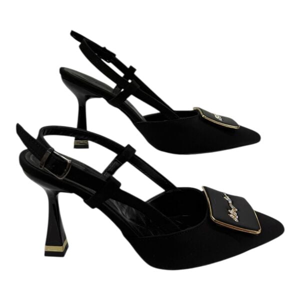 Siyah Tokalı Taş İşlemeli İnce Topuklu Kadın Ayakkabı - Gece Şıklığı