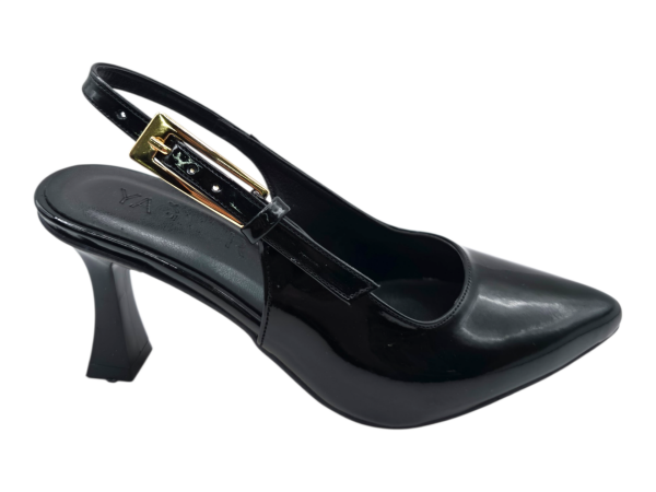 Siyah Rugan Sivri Burun 7 cm İnce Topuklu Kadın Ayakkabı Klasik Şık Slingback