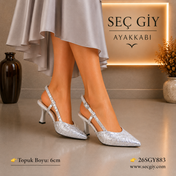 Kadın Gümüş Desenli Slingback Stiletto – 6 CM İnce Topuklu Sivri Burun Abiye Ayakkabı