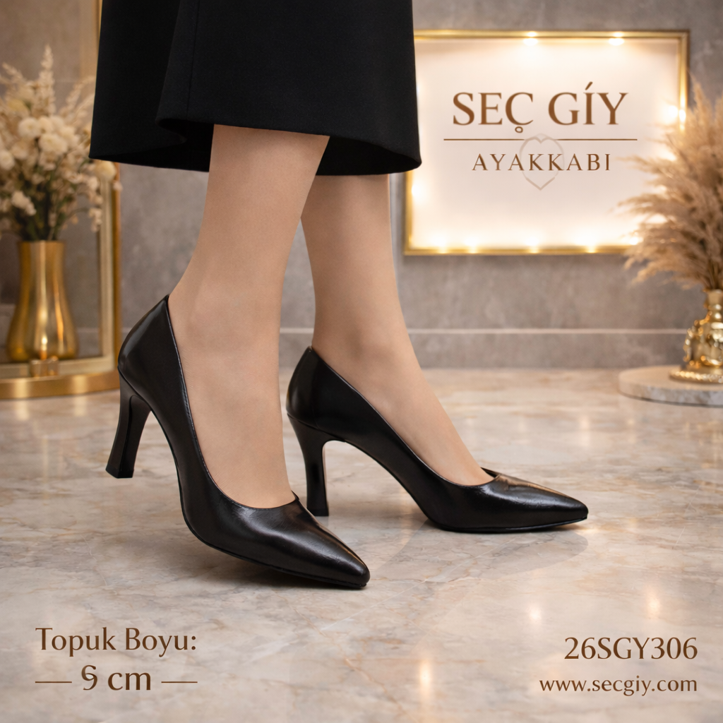 Siyah Sivri Burun 9cm Topuklu Kadın Klasik Stiletto