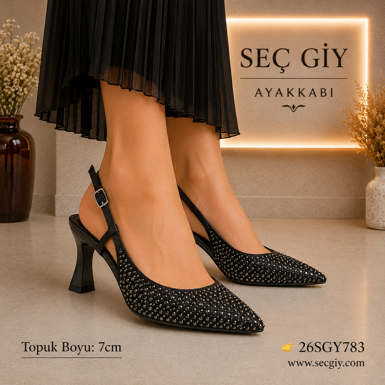 Siyah Taş İşlemeli Slingback Topuklu Ayakkabı – Sivri Burun Abiye Stiletto