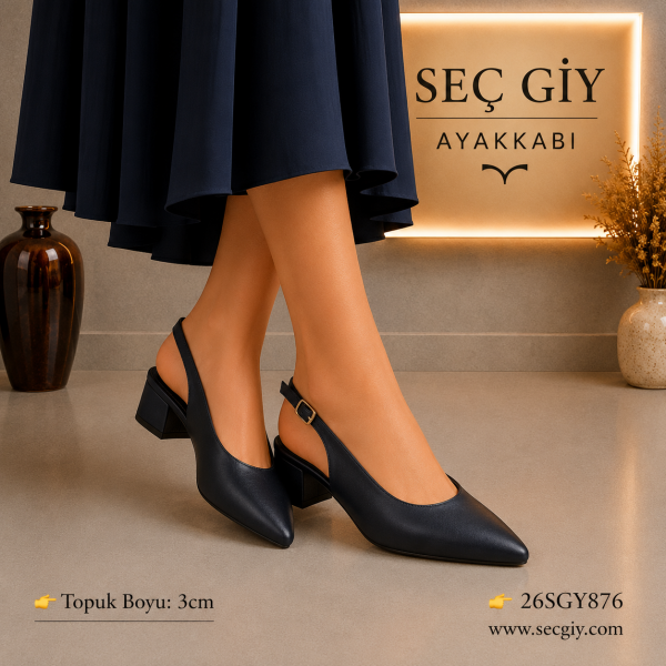 Kadın Siyah Slingback Topuklu Ayakkabı – 3 CM Kısa Topuk Sivri Burun Günlük & Klasik