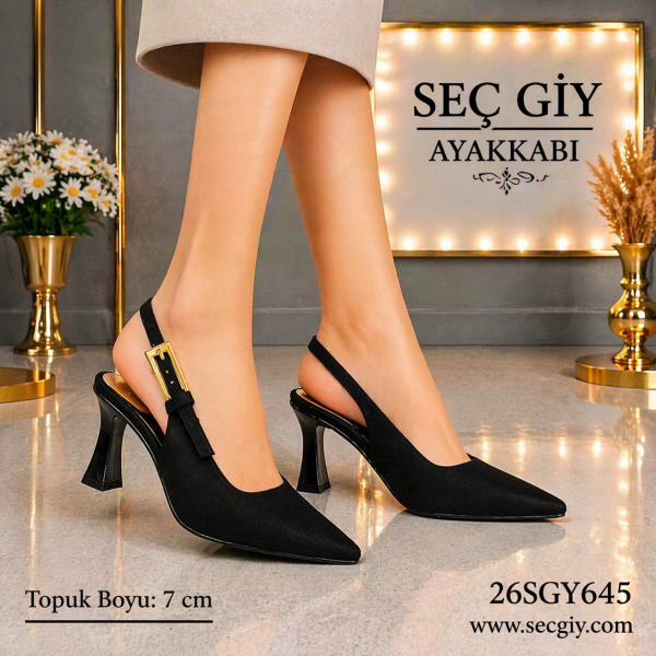 Siyah Kumaş Sivri Burun 7 cm İnce Topuklu Kadın Ayakkabı Klasik Slingback Şık Model
