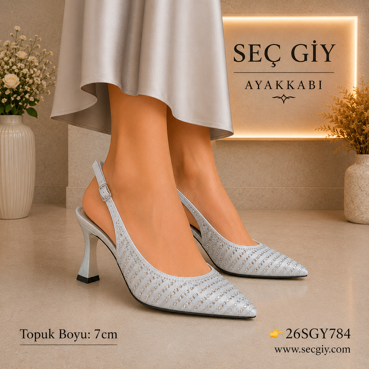 Gümüş Taş İşlemeli Slingback Topuklu Ayakkabı – Sivri Burun Abiye Stiletto