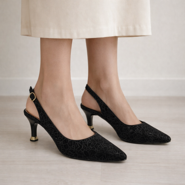 Siyah  Desenli İnce Topuklu Kadın Ayakkabı - Zarif ve Modern