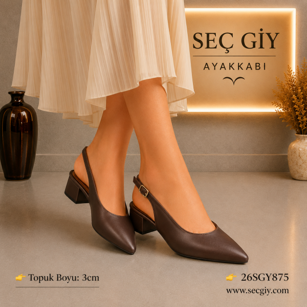 Kadın Kahverengi Slingback Topuklu Ayakkabı – 3 CM Kısa Topuk Sivri Burun Günlük & Klasik