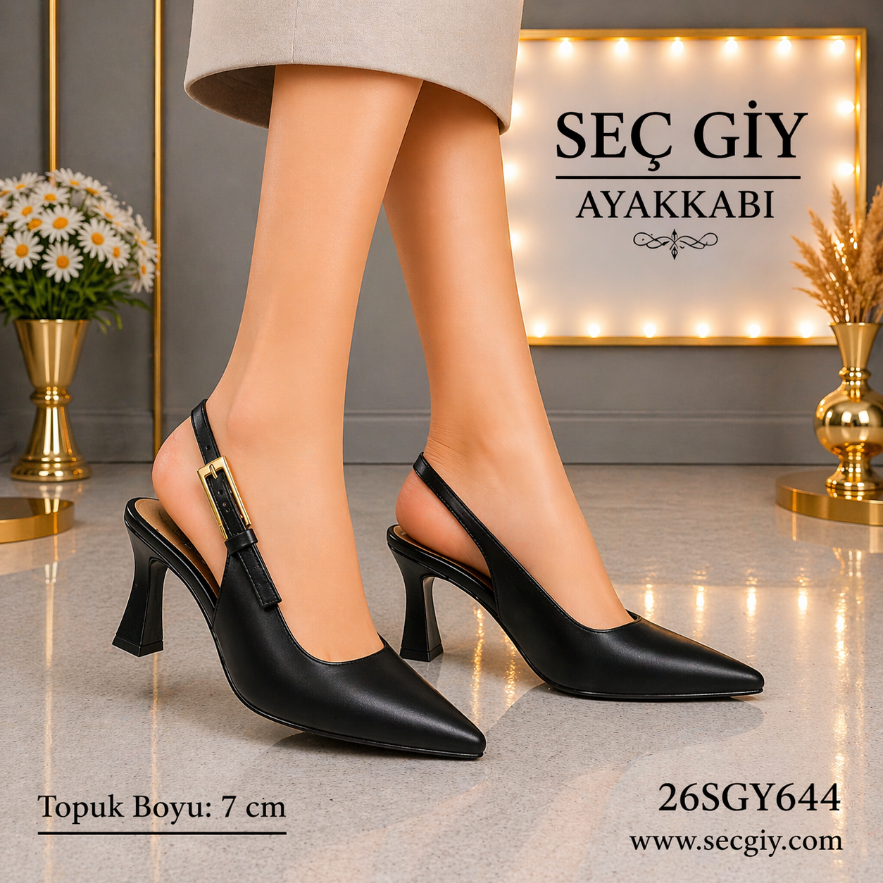 Siyah Mat Sivri Burun 7 cm Topuklu Kadın Ayakkabı Klasik Slingback Günlük & Ofis Modeli