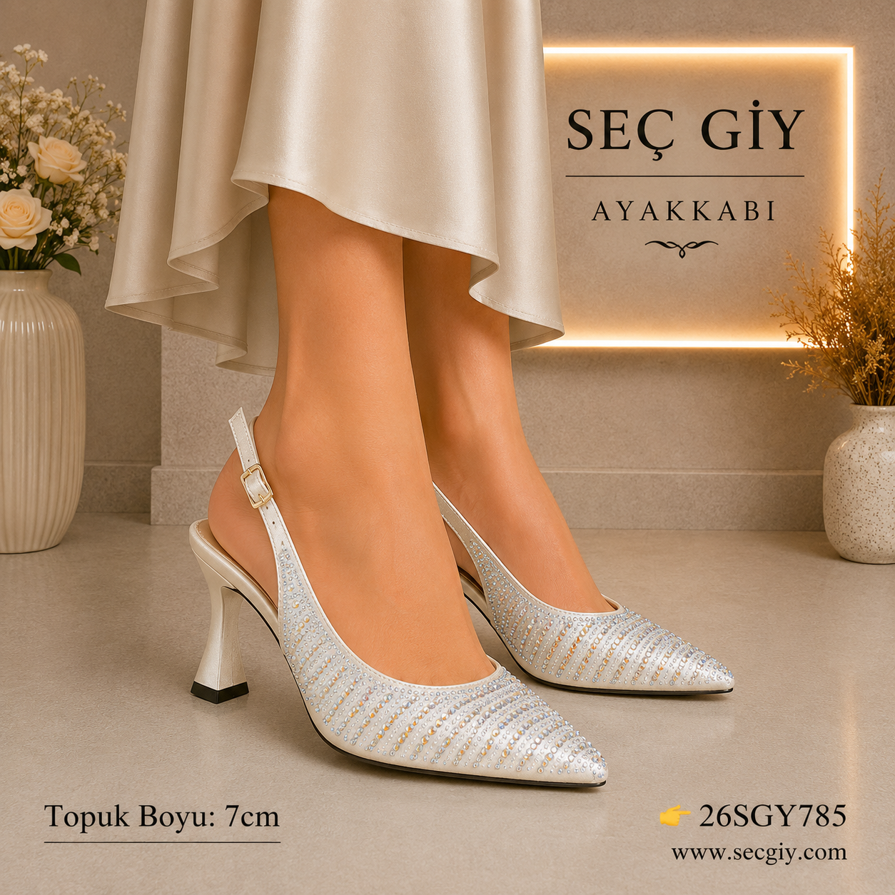 Beyaz Taş İşlemeli Slingback Topuklu Ayakkabı – Sivri Burun Abiye Stiletto