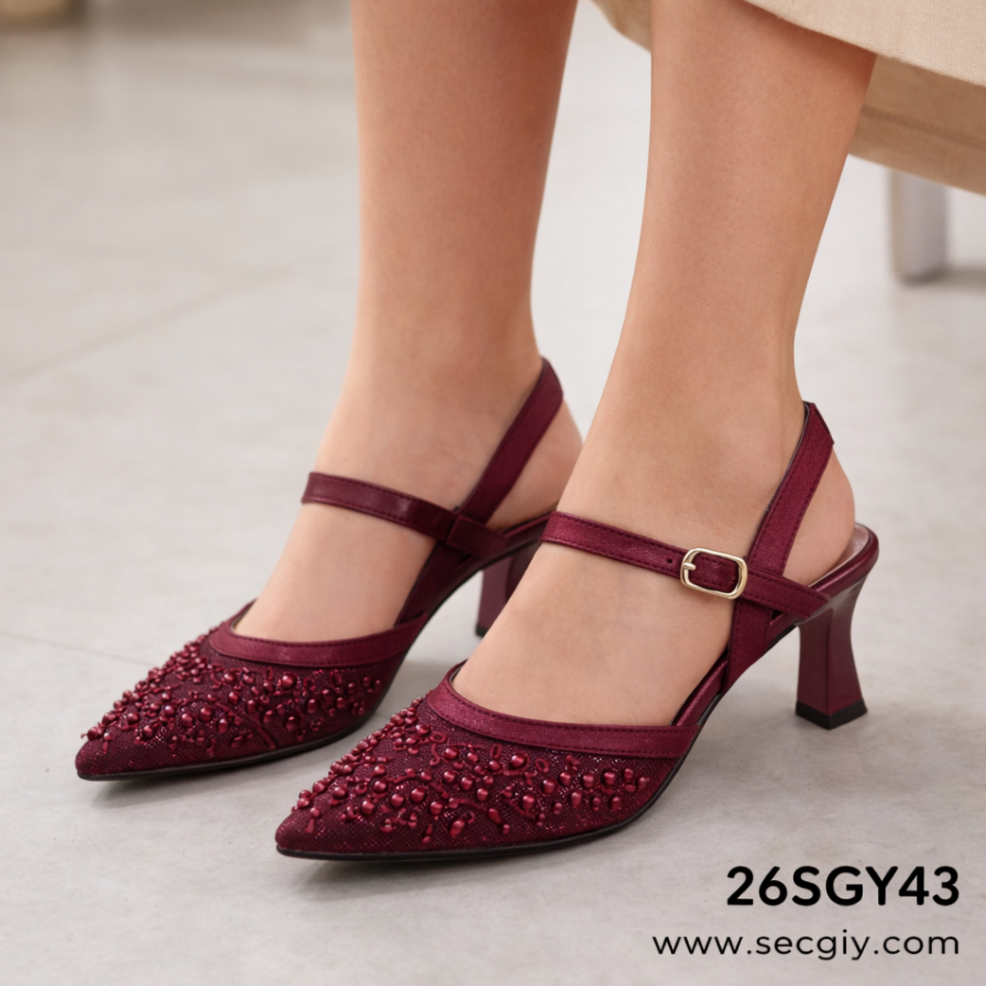 Taş İşlemeli Bordo Bayan Topuklu Ayakkabı – Özel Gün
