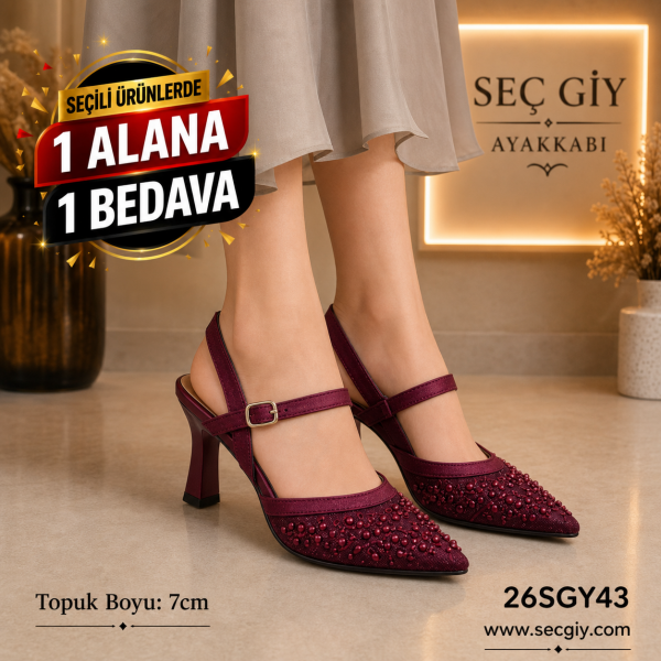 Taş İşlemeli Bordo Bayan Topuklu Ayakkabı – Özel Gün