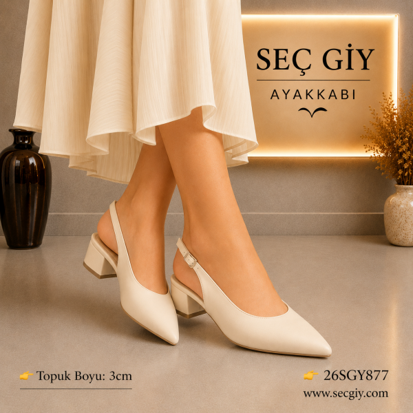 Kadın Krem Slingback Topuklu Ayakkabı – 3 CM Kısa Topuk Sivri Burun Günlük & Klasik