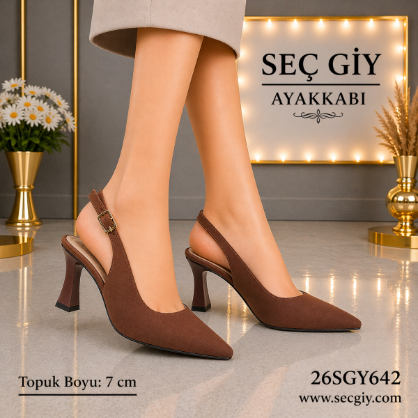 Kahverengi Mat Sivri Burun 7 cm Topuklu Kadın Ayakkabı Klasik Slingback Şık Ofis Modeli