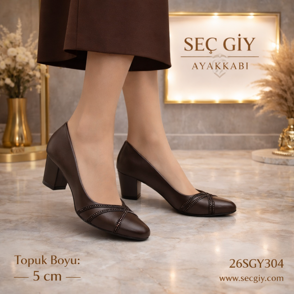 Acı Kahve Taş Detaylı 5 cm Topuklu Kadın Klasik Ayakkabı