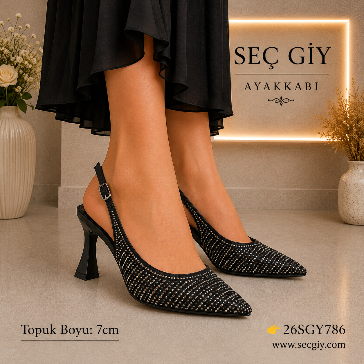 Siyah Taş Detaylı Slingback Topuklu Ayakkabı – Sivri Burun Abiye Stiletto