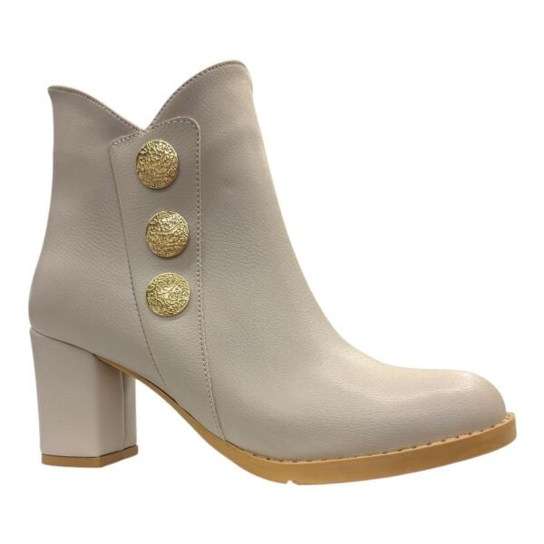 Bej Altın Düğmeli Kalın Topuklu Kadın Bot