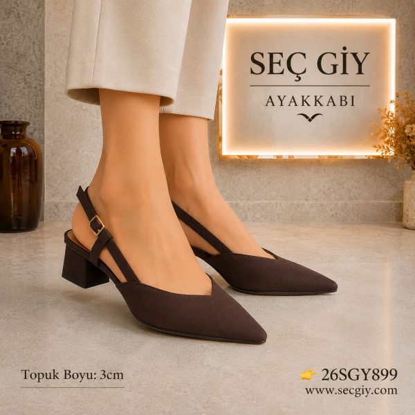 Kadın Acı Kahve Slingback Topuklu Ayakkabı – 3 CM Kısa Topuk Sivri Burun Günlük & Klasik