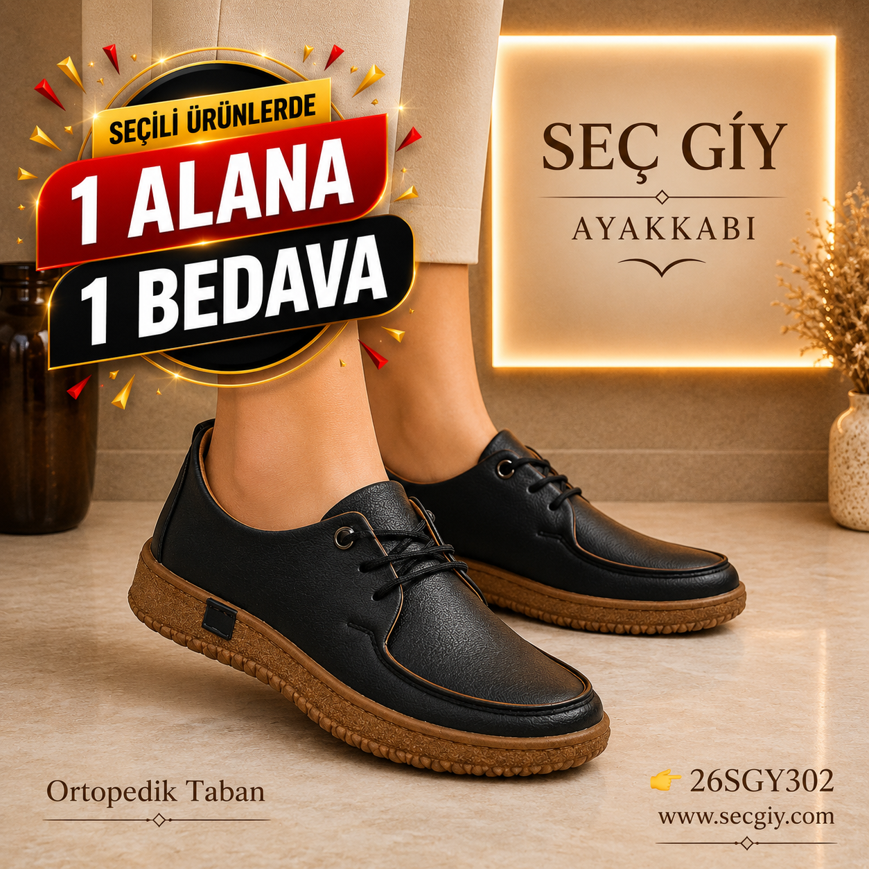 Siyah Ortopedik Tabanlı Günlük Kadın Ayakkabı
