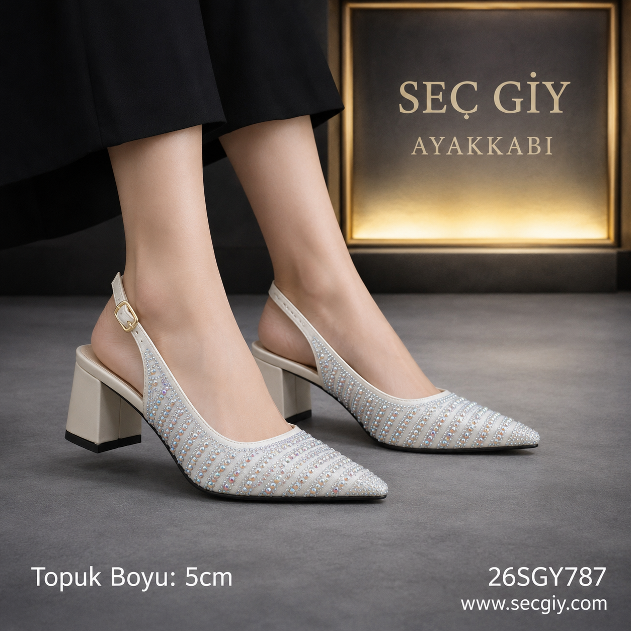 Taş Detaylı Krem Slingback Topuklu Ayakkabı – Sivri Burun Abiye Model