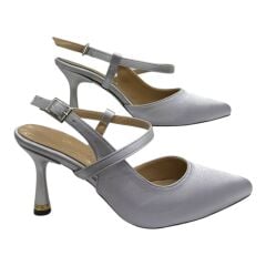 Gümüş Saten Çapraz Bantlı Kadın Topuklu Ayakkabı - İnce Topuk Şıklığı