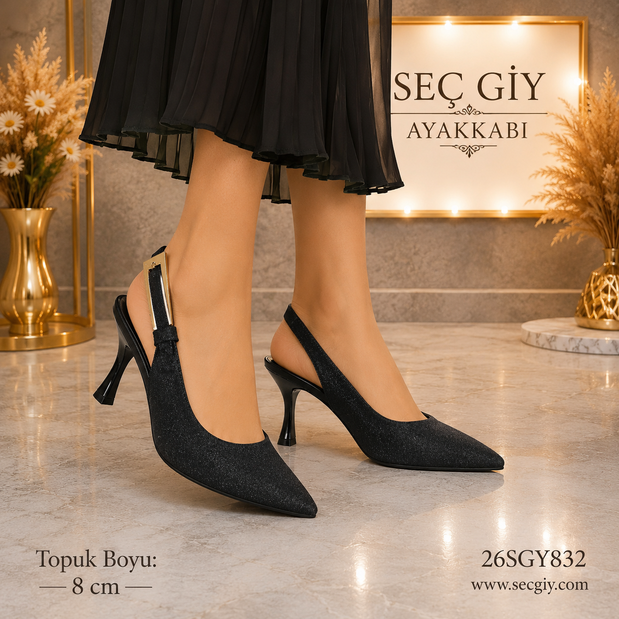 Kadın Siyah Süet Slingback Stiletto – 8 CM İnce Topuk Sivri Burun Abiye Ayakkabı
