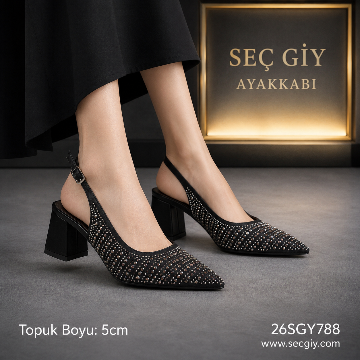 Siyah Taş Detaylı Slingback Topuklu Ayakkabı – Sivri Burun Şık Kadın Ayakkabı