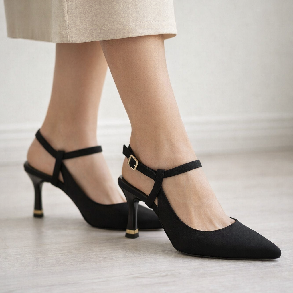 Siyah Saten Çapraz Bantlı İnce Topuklu Kadın Ayakkabı - Klasik Gece Modeli