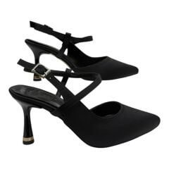 Siyah Saten Çapraz Bantlı İnce Topuklu Kadın Ayakkabı - Klasik Gece Modeli