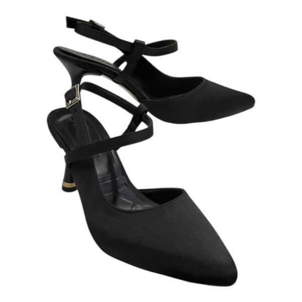 Siyah Saten Çapraz Bantlı İnce Topuklu Kadın Ayakkabı - Klasik Gece Modeli