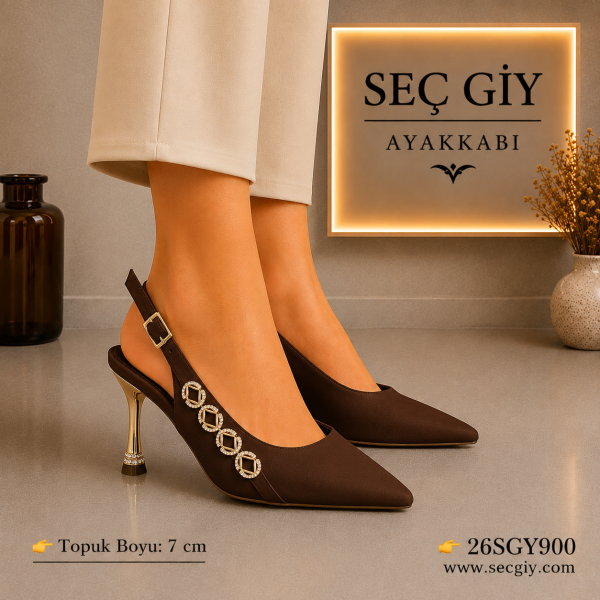Kadın Acı Kahve Slingback Topuklu Ayakkabı – 7 CM İnce Topuk Sivri Burun Taş Detaylı Abiye