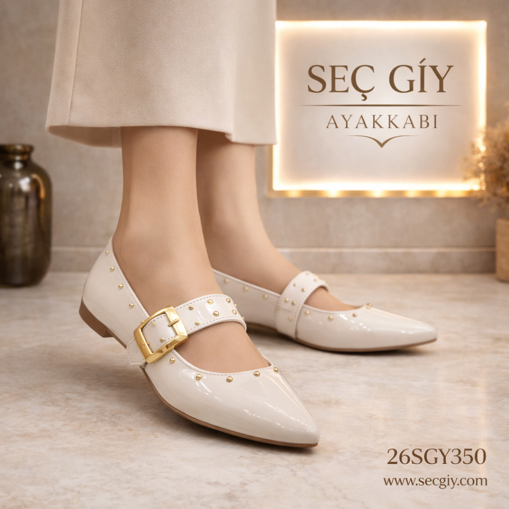 Krem Rugan Tokalı Sivri Burun Kadın Babet – Gold Detaylı