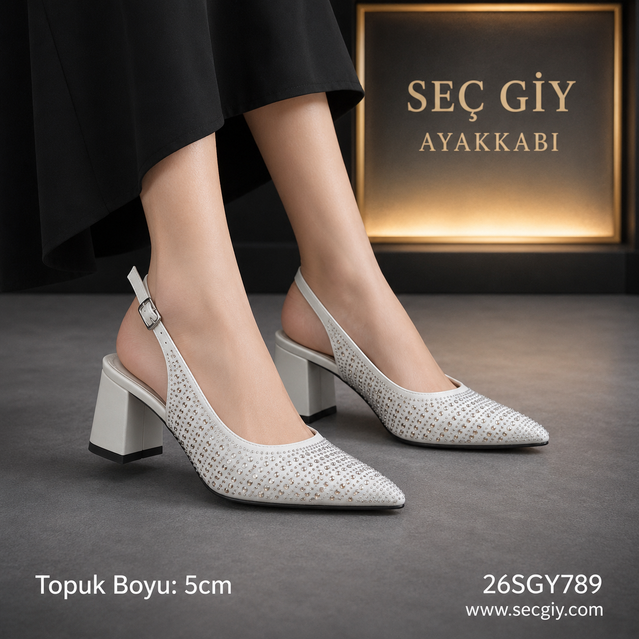 Beyaz Taş Detaylı Slingback Topuklu Ayakkabı – Sivri Burun Şık Kadın Ayakkabı
