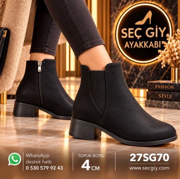 Siyah Lastikli Kadın Bot – Fermuarlı 4 cm Topuk