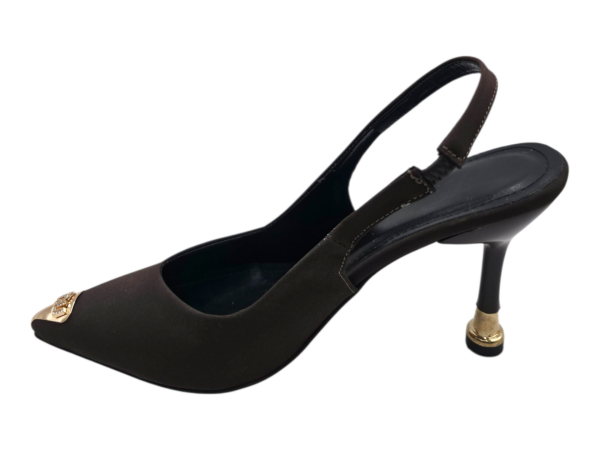 Kahverengi Metal Burun Detaylı 8 cm İnce Topuklu Kadın Ayakkabı Lastik Bantlı Slingback Sivri Burun