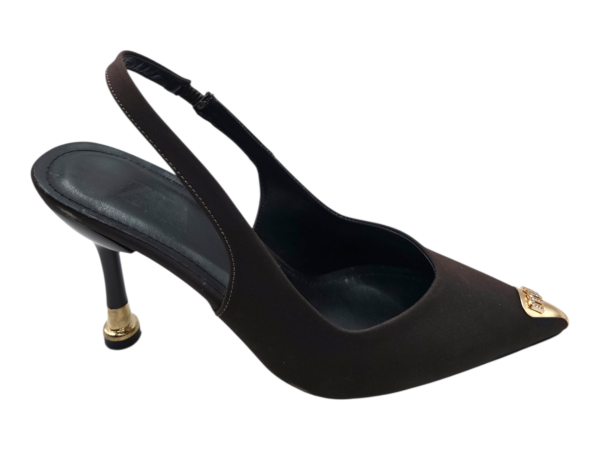 Kahverengi Metal Burun Detaylı 8 cm İnce Topuklu Kadın Ayakkabı Lastik Bantlı Slingback Sivri Burun