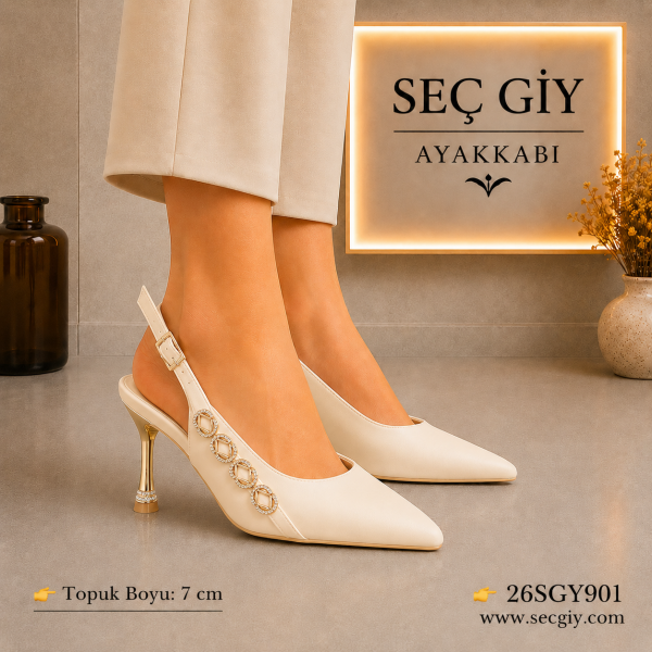 Kadın Krem Slingback Topuklu Ayakkabı – 7 CM İnce Topuk Sivri Burun Taş Detaylı Abiye