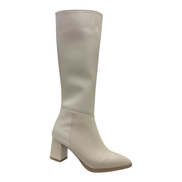 Krem Kalın Topuklu Diz Altı Kadın Çizme