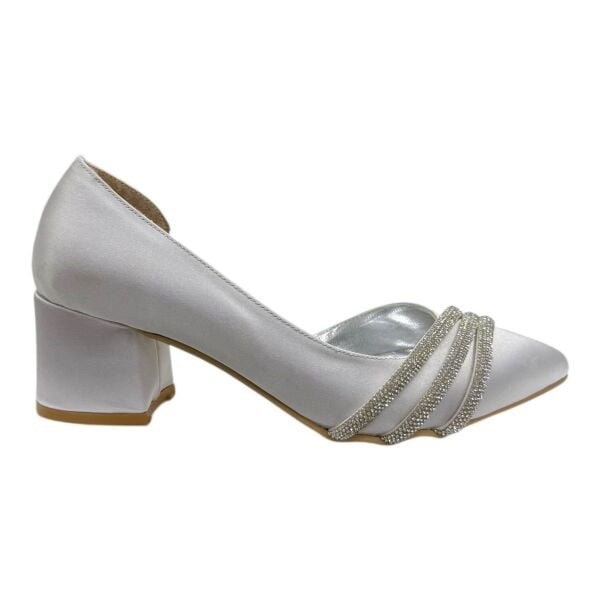 Beyaz Taşlı Kalın Topuklu Kadın Abiye Ayakkabı - Gelinlik ve Davet Modeli